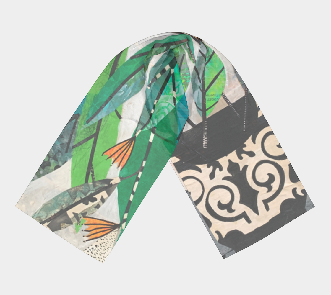 Scarf with tropical leaf and patterned designs on a light gray background