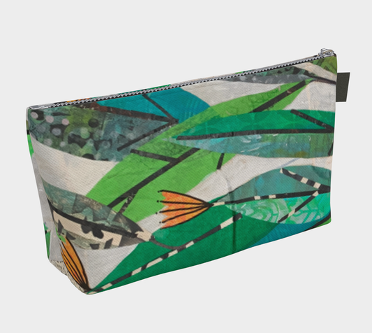 Fabric pouch with abstract green and blue design on a white background