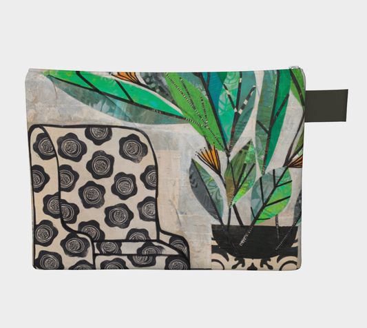 Pouch with floral and leaf pattern on a white background
