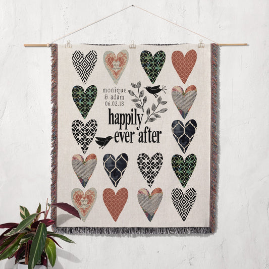 Happily Heart Grid Personalized Wedding Woven Blanket
