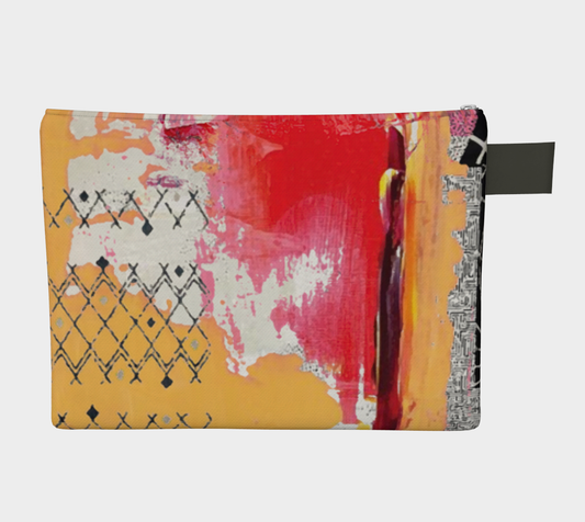 Colorful pouch with abstract patterns on a white background