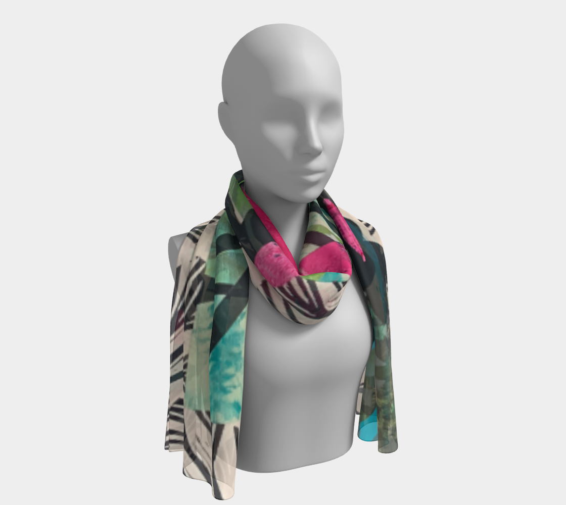 Mannequin wearing a colorful patterned scarf on a white background