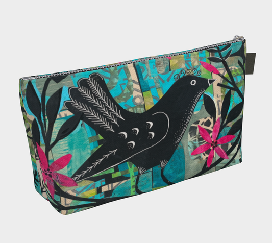 Pouch with a bird and floral design on a colorful background