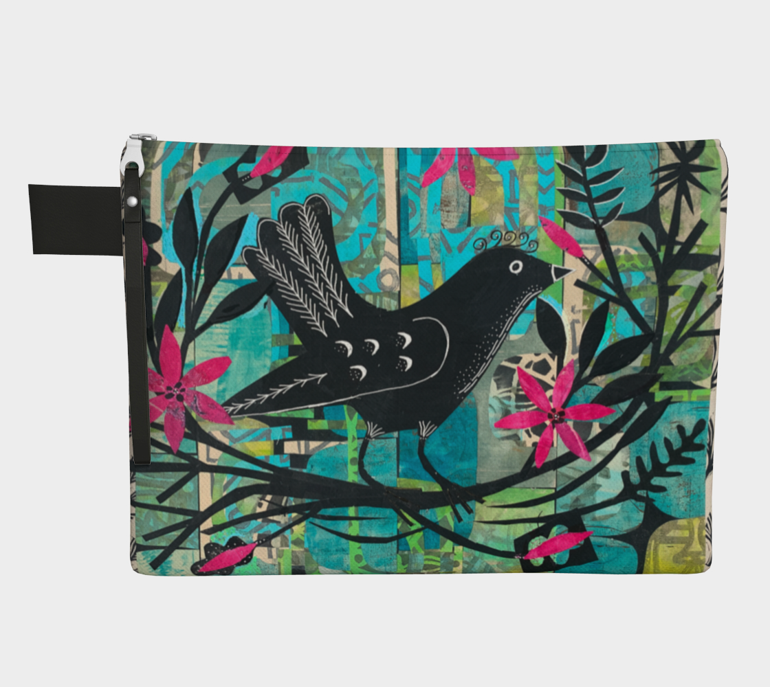 Pouch with a bird and floral design on a colorful background