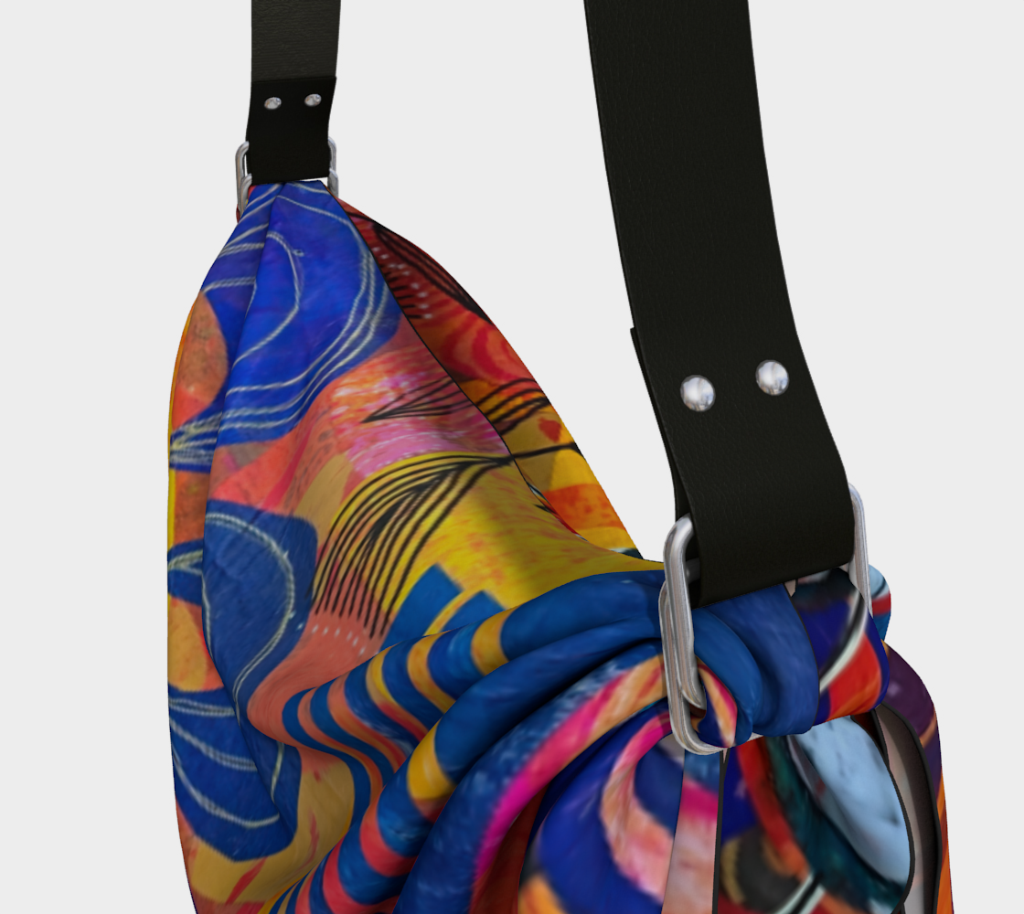 Colorful sling bag with a black strap on a light gray background
