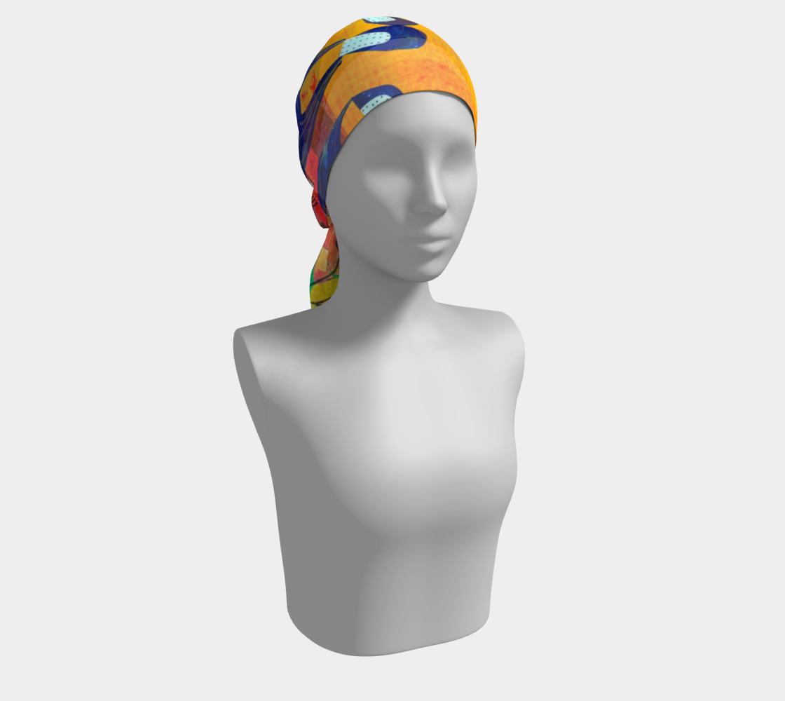 Colorful headscarf on a mannequin head against a white background