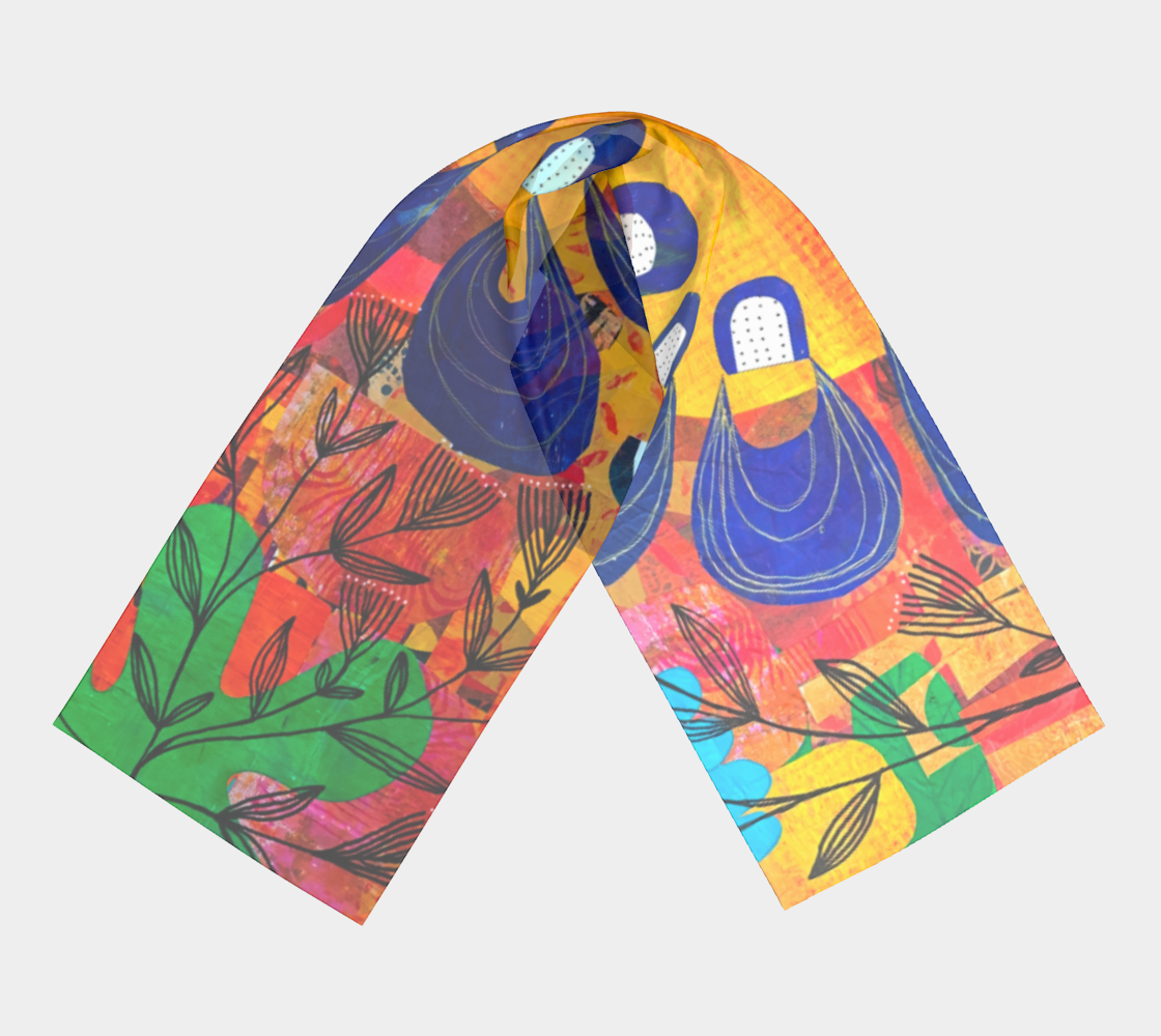 Colorful scarf with abstract designs on a light gray background