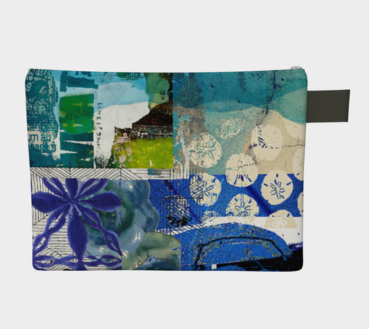 Multicolored pouch with abstract patterns on a white background