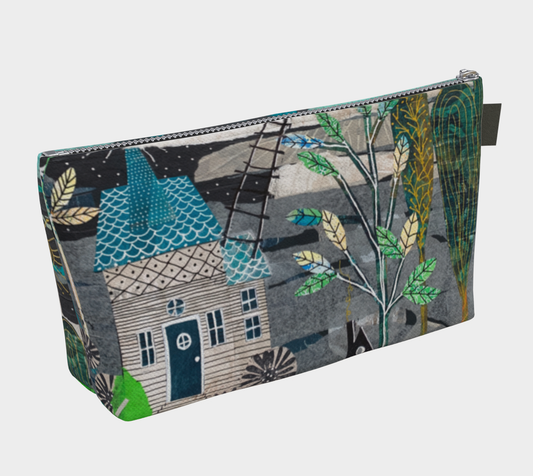 Fabric pouch with house and nature pattern on a white background