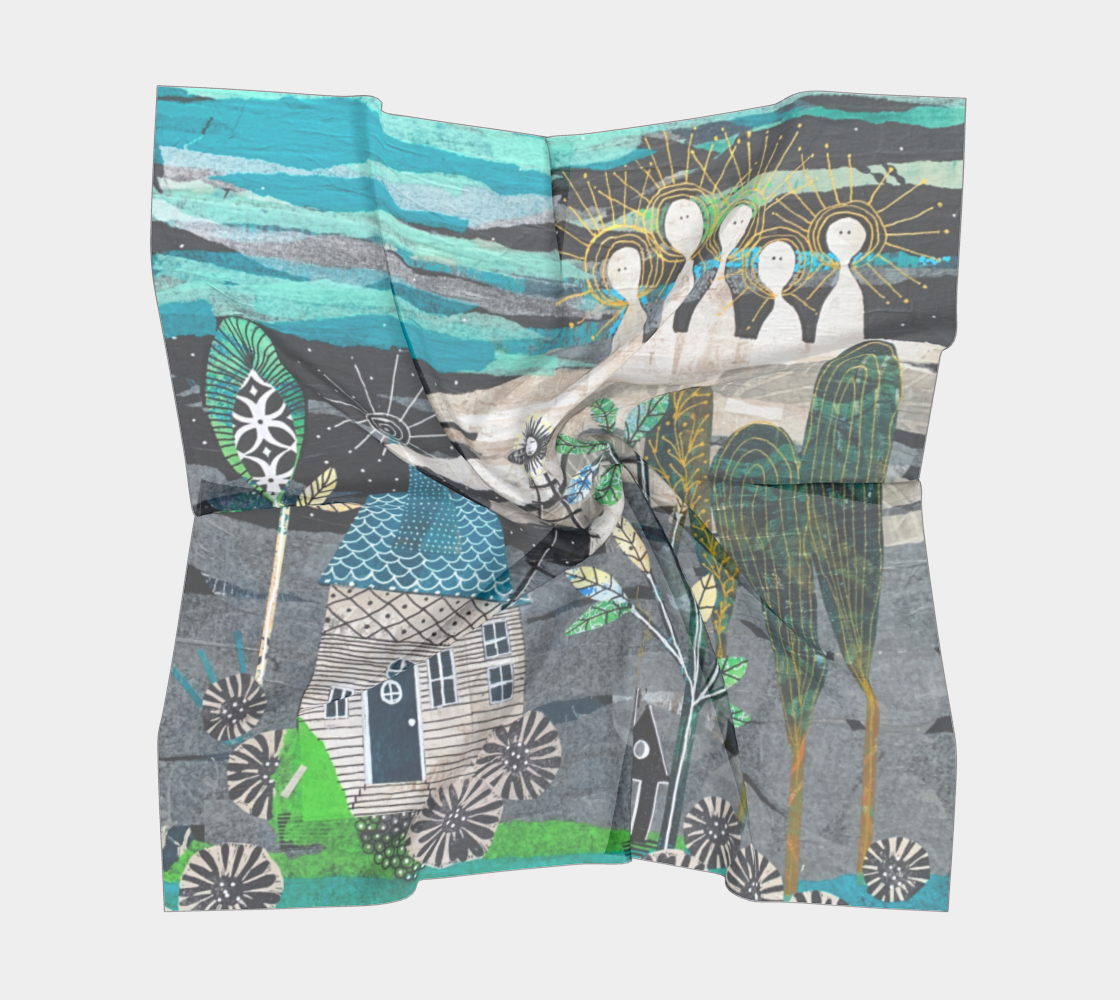 Folded fabric with abstract design featuring birds, houses, and nature elements on a white background.