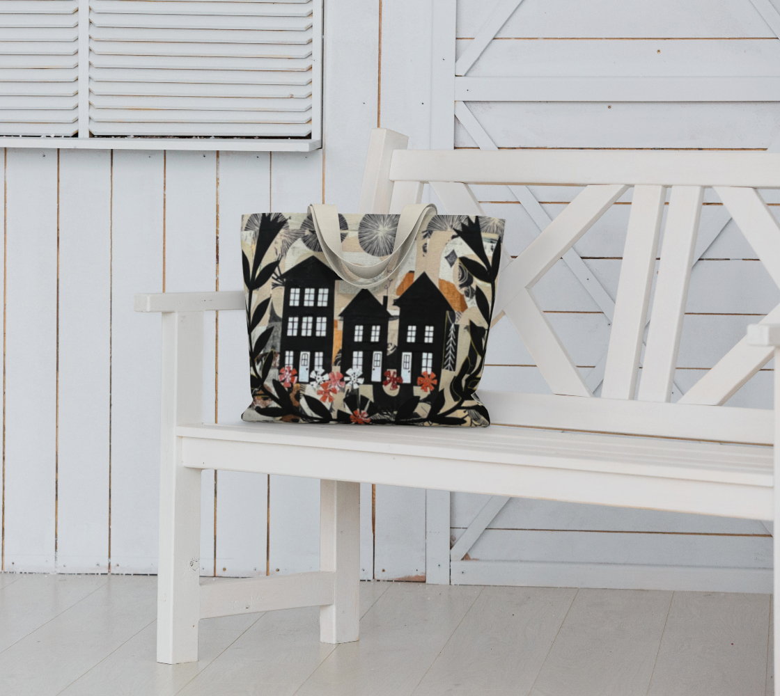 Patterned tote bag on a white bench with a white wooden background