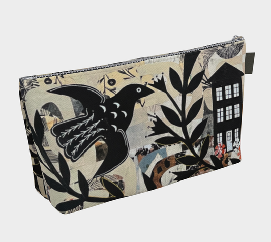 Pouch with bird and house design on a white background