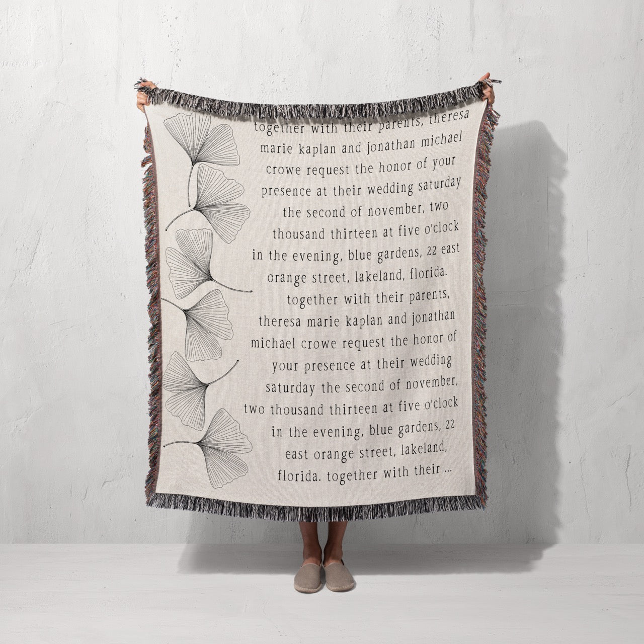 Personalized Woven Wedding Invitation Blanket | White Ginkgo design by Museware creator Sheree Burlington