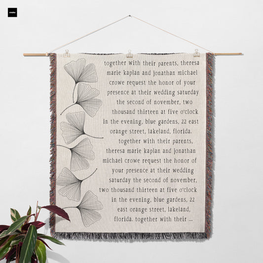 Personalized Woven Wedding Invitation Blanket | White Ginkgo design by Museware creator Sheree Burlington