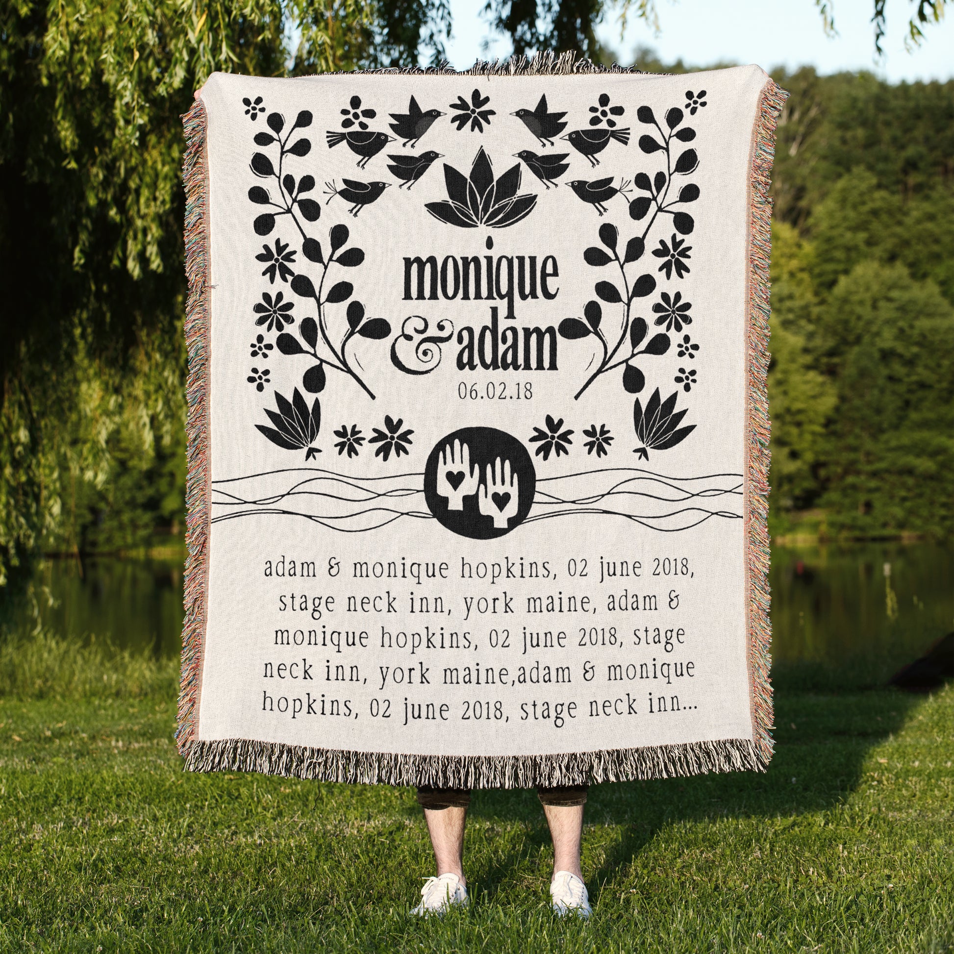 Personalized Woven Wedding Invitation Blanket | Lotus Black design by Museware creator Sheree Burlington