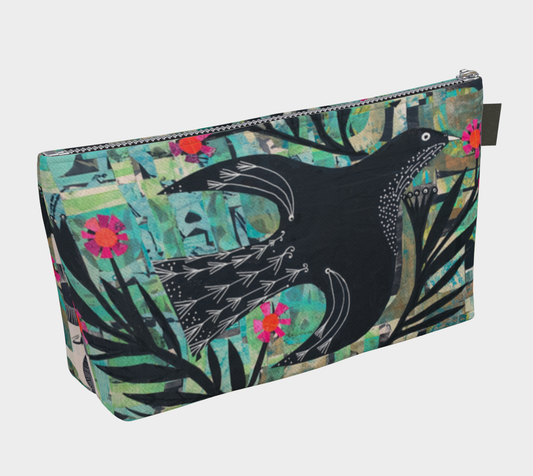 Pouch with bird design and floral patterns on a white background