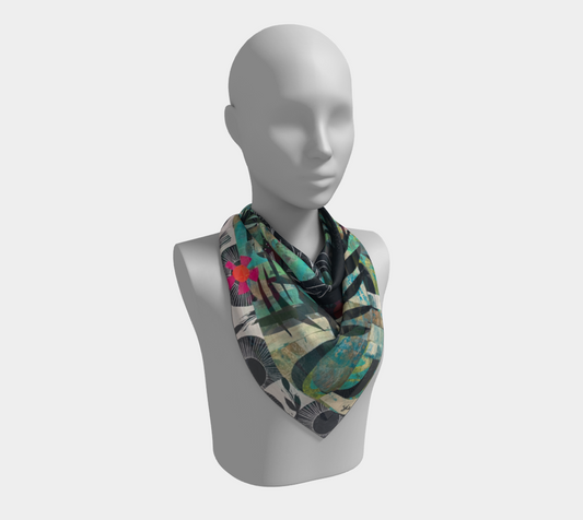 Mannequin wearing a colorful patterned scarf on a white background