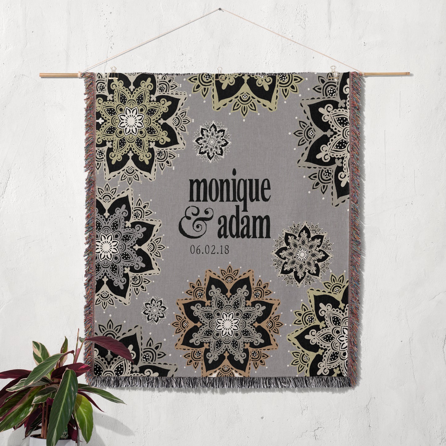 Personalized Woven Wedding Couple's Name Blanket | Mandala Grey design by Museware creator Sheree Burlington