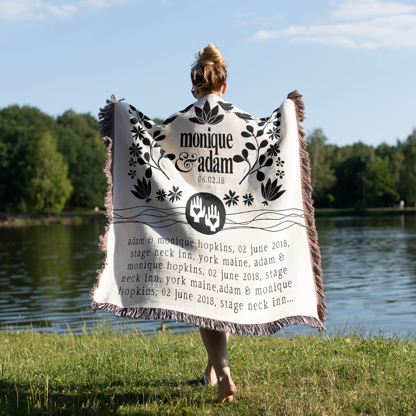 Personalized Woven Wedding Invitation Blanket | Lotus Black design by Museware creator Sheree Burlington