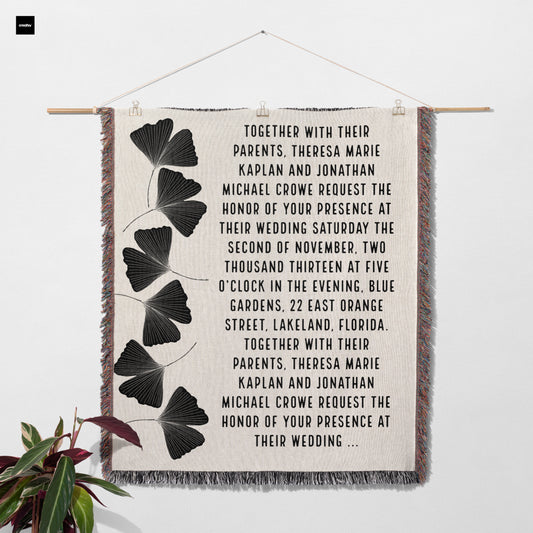 Personalized Woven Wedding Invitation Blanket | Black Ginkgo design by Museware creator Sheree Burlington