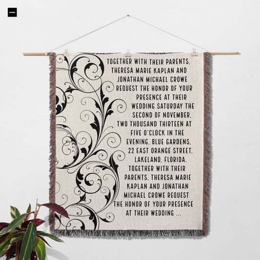 Personalized Woven Wedding Invitation Blanket | Black Scroll design by Museware creator Sheree Burlington