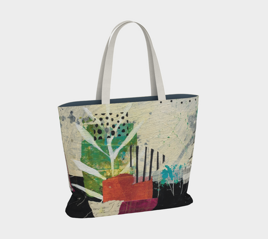 A large tote bag with multicolored abstract art design and white straps.