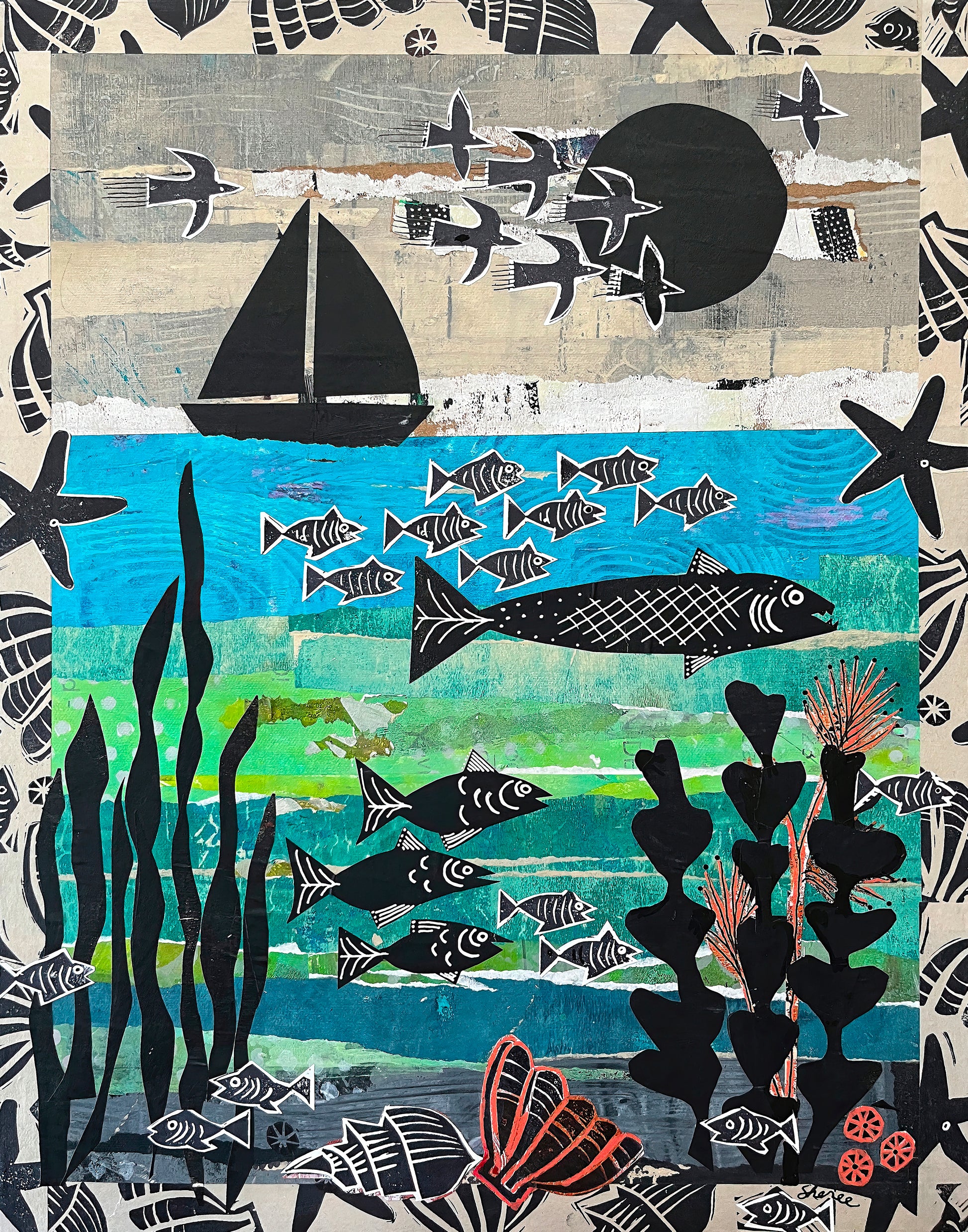 A square mixed-media collage artwork depicting an underwater seascape scene. The composition includes a black sailboat on a beige textured top section, a blue-green ocean with black fish, coral, seaweed, and starfish motifs.