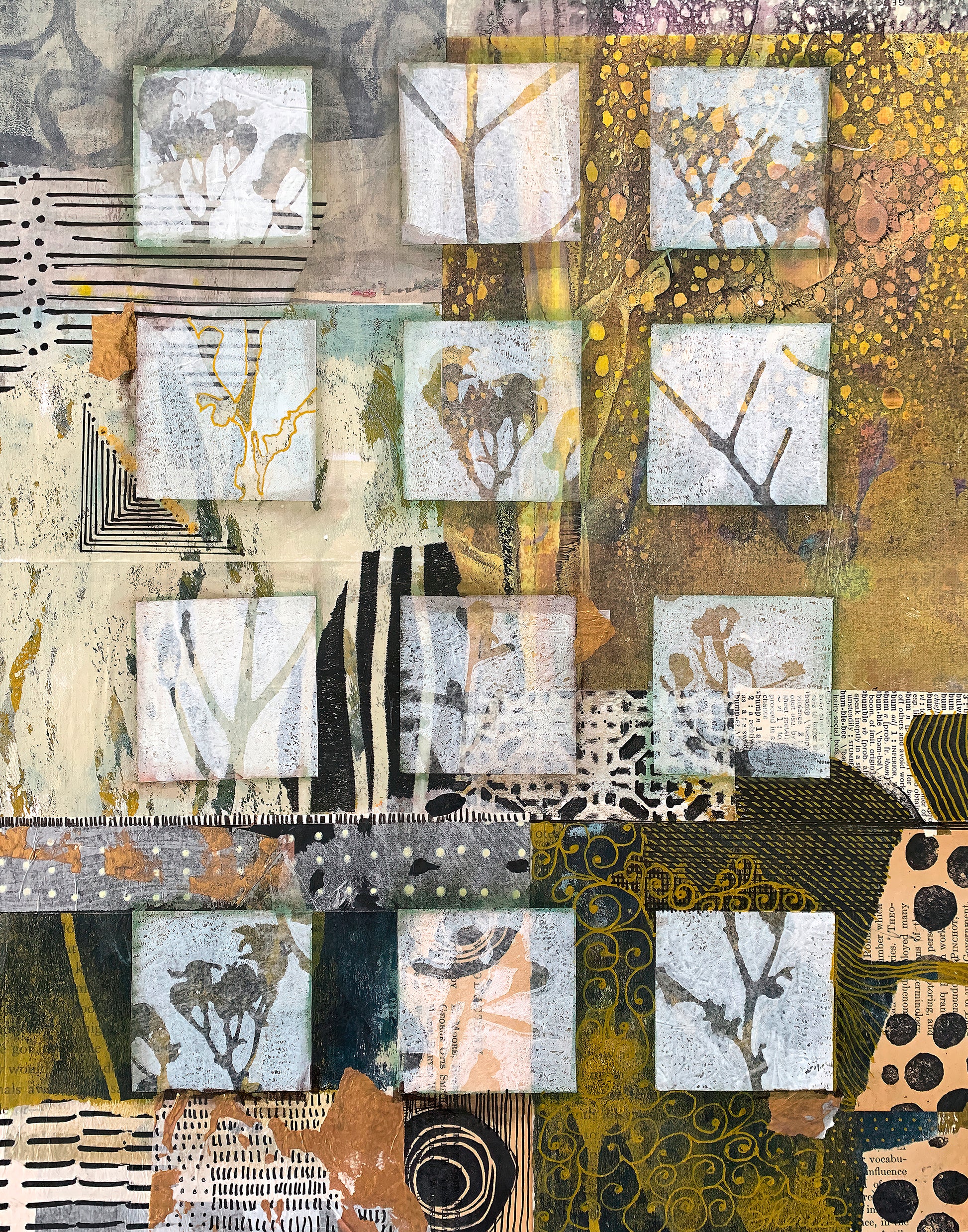 An abstract mixed-media collage artwork featuring multiple square panels with tree silhouettes, textured patterns, stripes, dots, and earthy tones including beige, brown, black, gray, and muted gold.