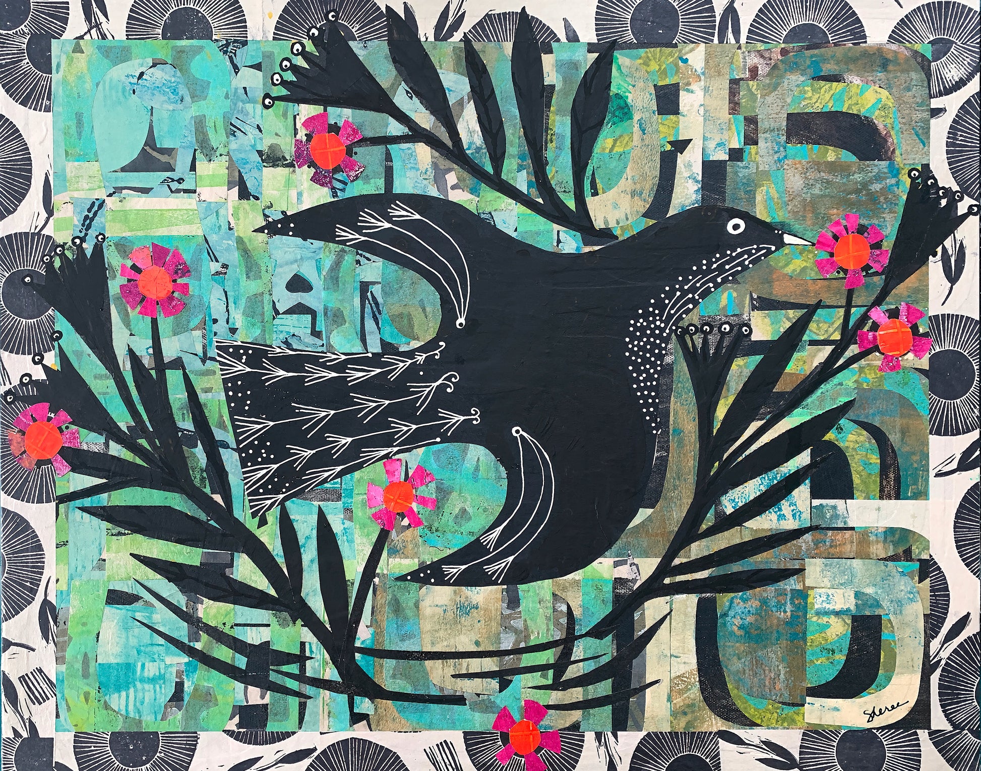 A mixed-media collage artwork featuring a large black bird silhouette in the center, surrounded by black botanical leaves and bright pink flowers over a textured collage background of teal, green, beige, and gray tones.
