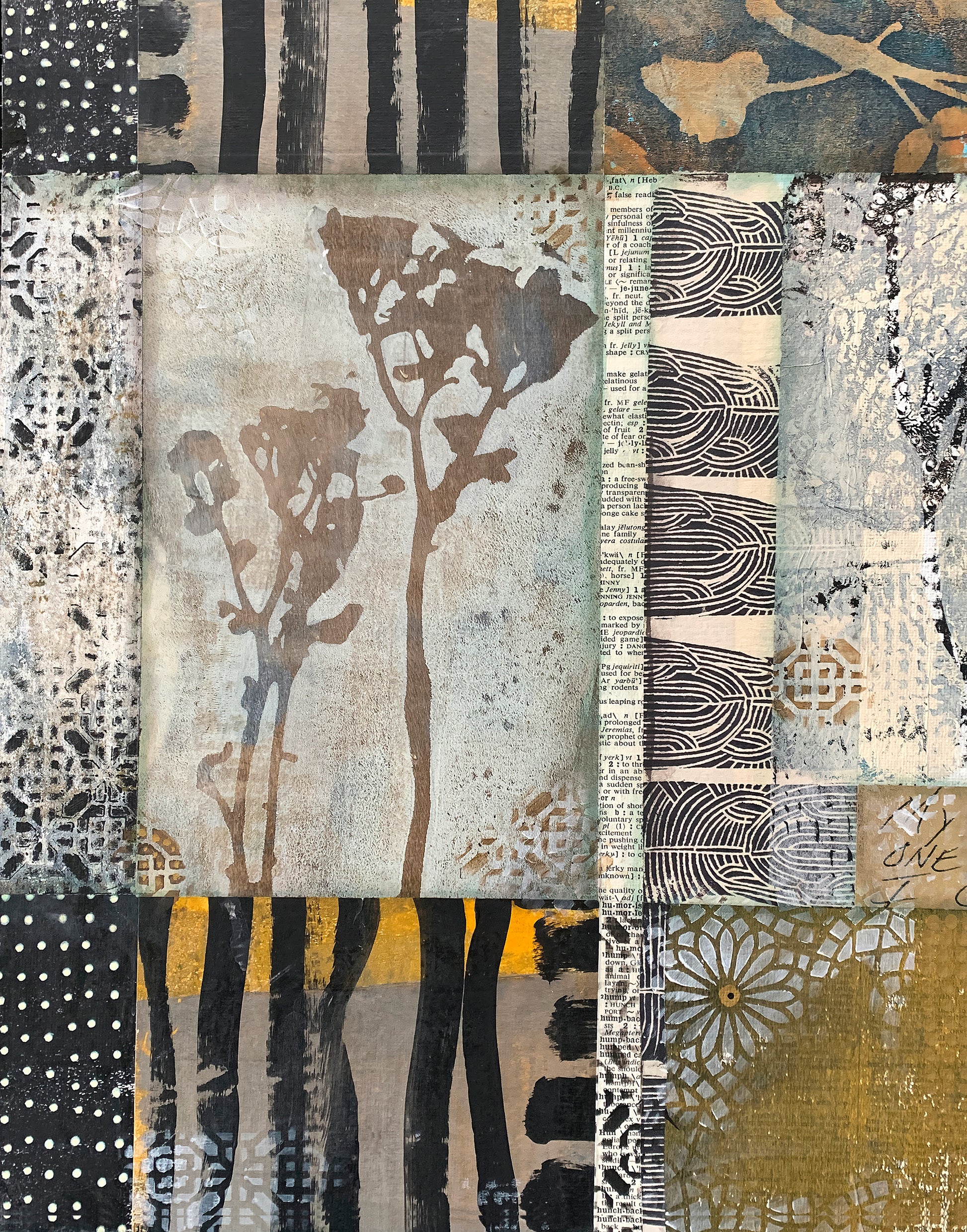 A mixed-media collage artwork featuring various textured panels with botanical and abstract patterns in black, beige, gray, and ochre yellow.