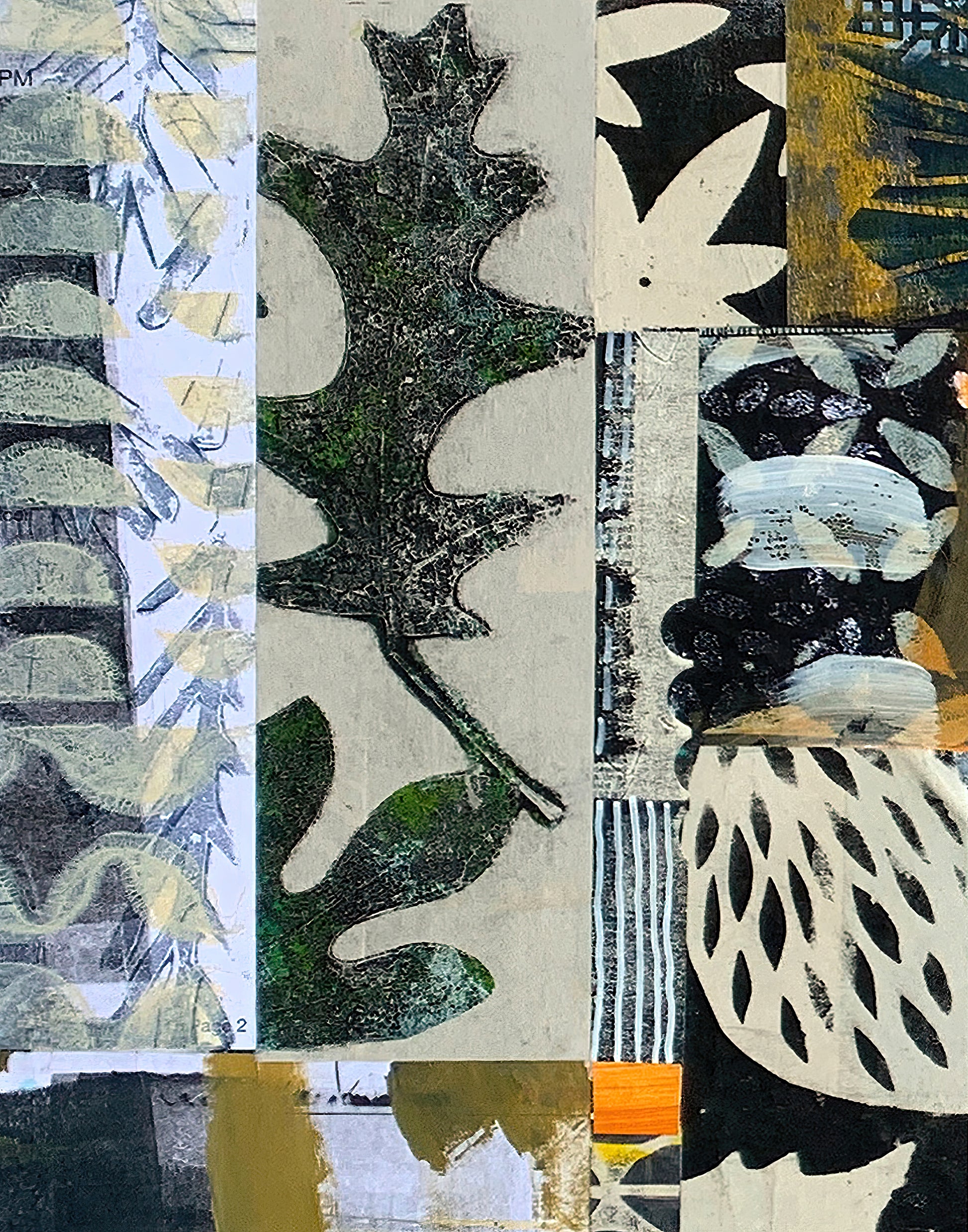 Abstract mixed-media collage artwork featuring textured panels with organic shapes, leaf-like forms, fish motifs, stripes, and splashes in black, beige, green, white, gray, and ochre tones.