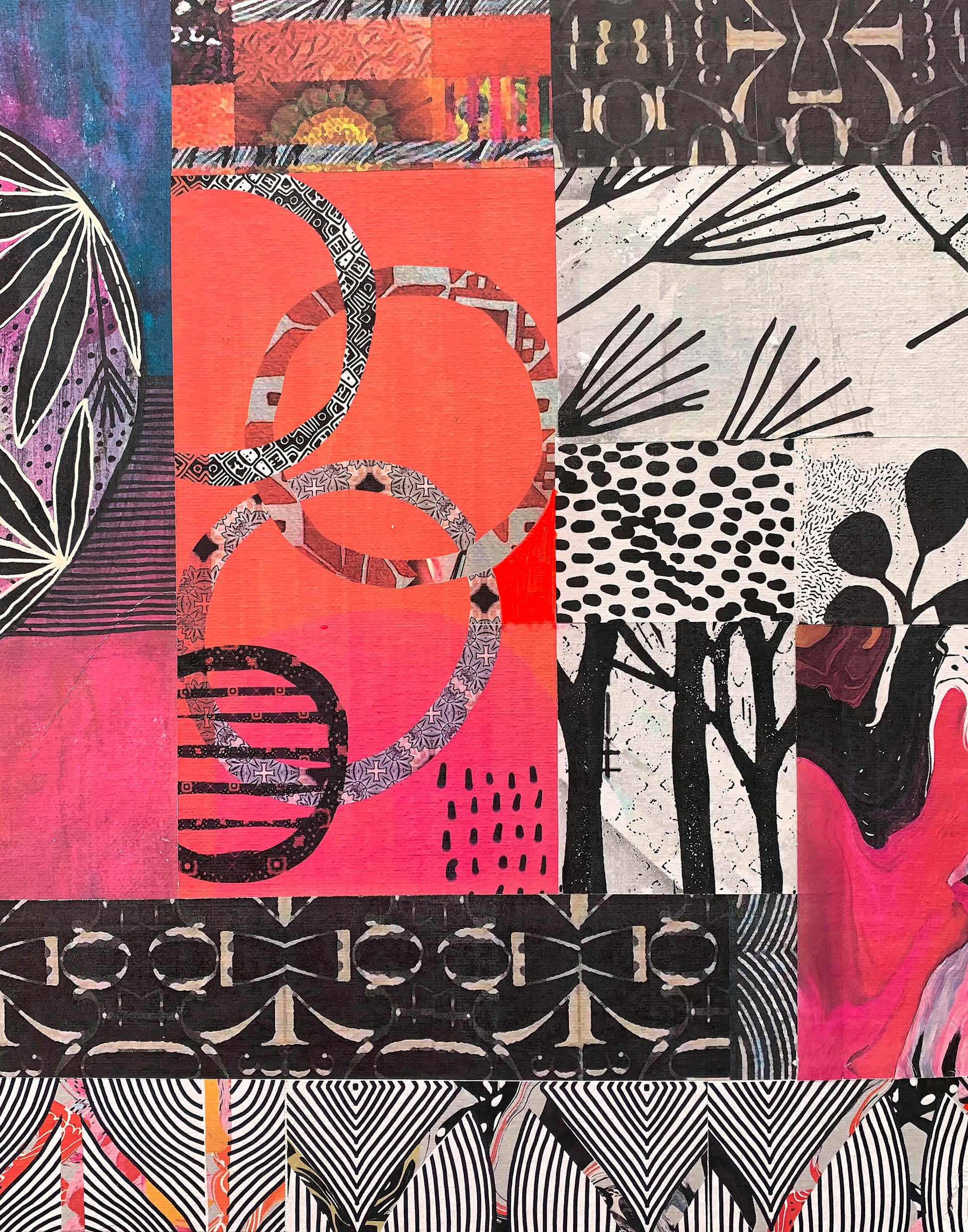 A colorful abstract patchwork artwork made of vertical panels with black, white, pink, coral, orange, and blue patterns, including circles, trees, dots, stripes, and geometric motifs.