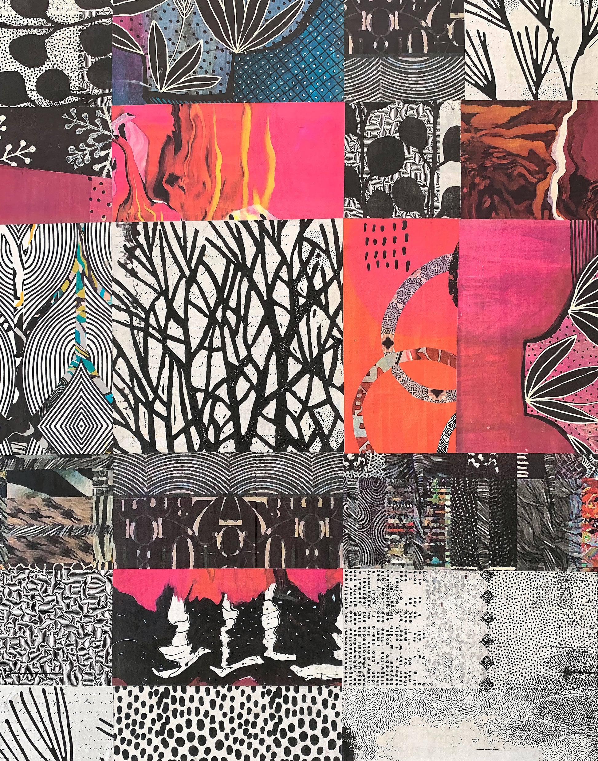 A square textile or fabric panel made of many sewn patterned squares, featuring black, white, gray, orange, pink, and red abstract designs including flames, waves, dots, and organic shapes.