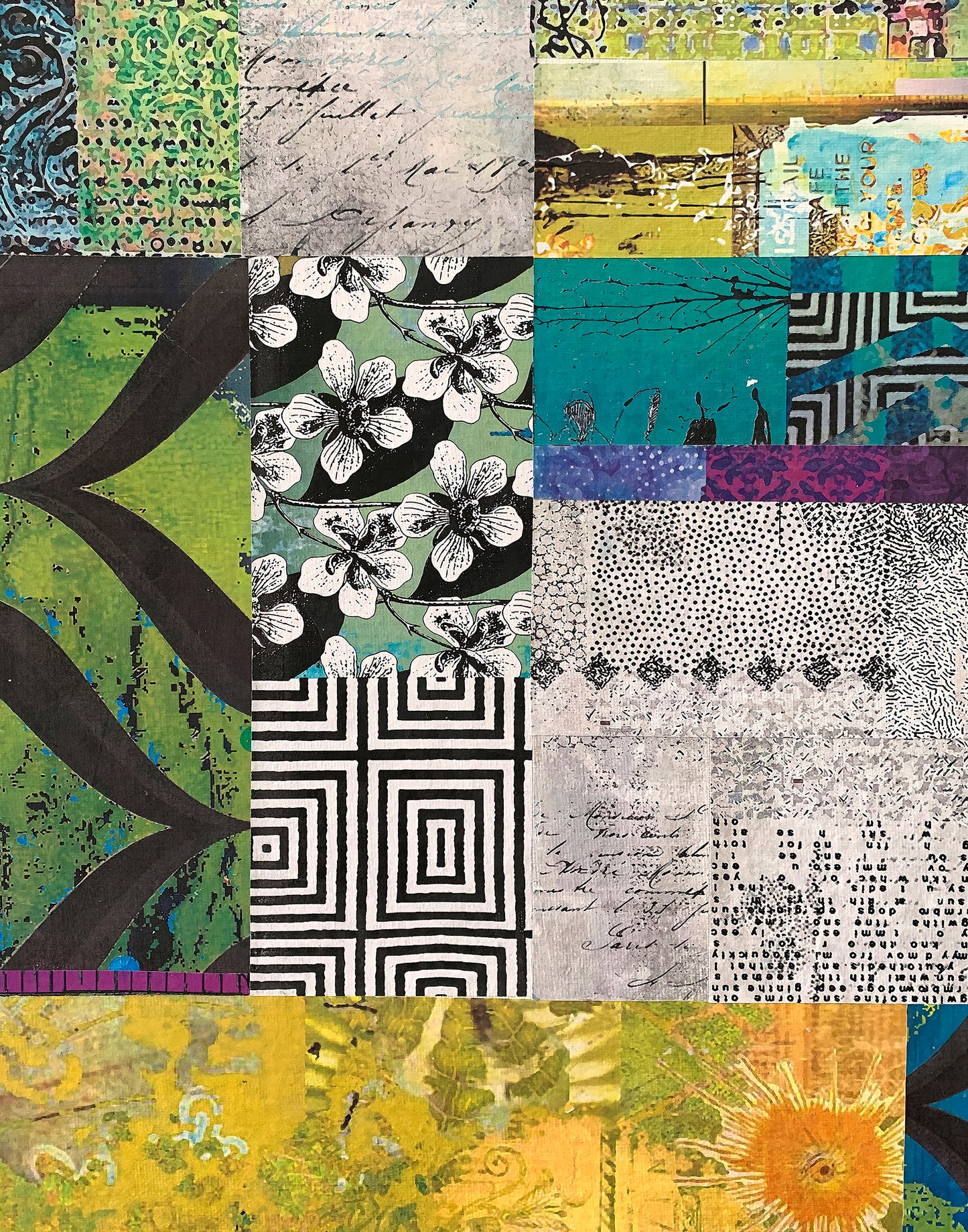 A square mixed-media collage artwork featuring a patchwork of diverse textured panels with floral, geometric, script, and abstract designs in green, yellow, black, white, purple, and teal.