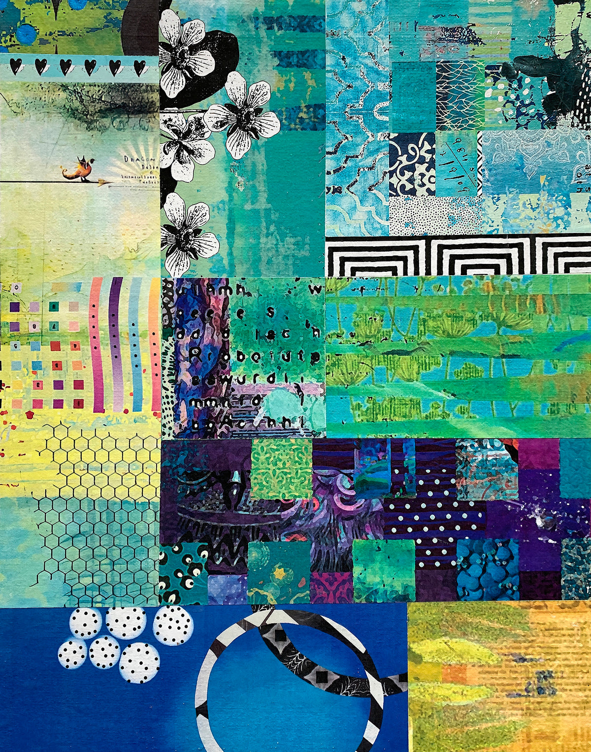 A colorful abstract patchwork artwork made of many rectangular panels with mixed textures, patterns, and hues including turquoise, blue, green, purple, yellow, black, and white. The composition includes floral motifs, stripes, dots, geometric shapes, and mixed-media textures.