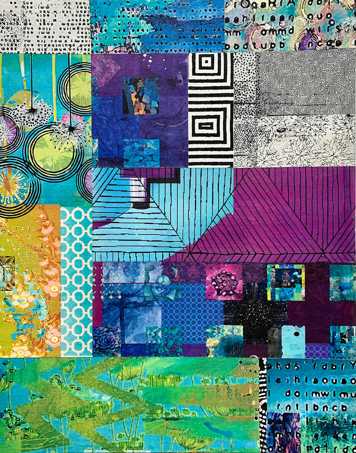 A vibrant mixed-media collage artwork featuring a grid of diverse textured panels in blue, purple, green, yellow, black, and white, including geometric patterns, floral prints, abstract brushstrokes, and handwritten text.
