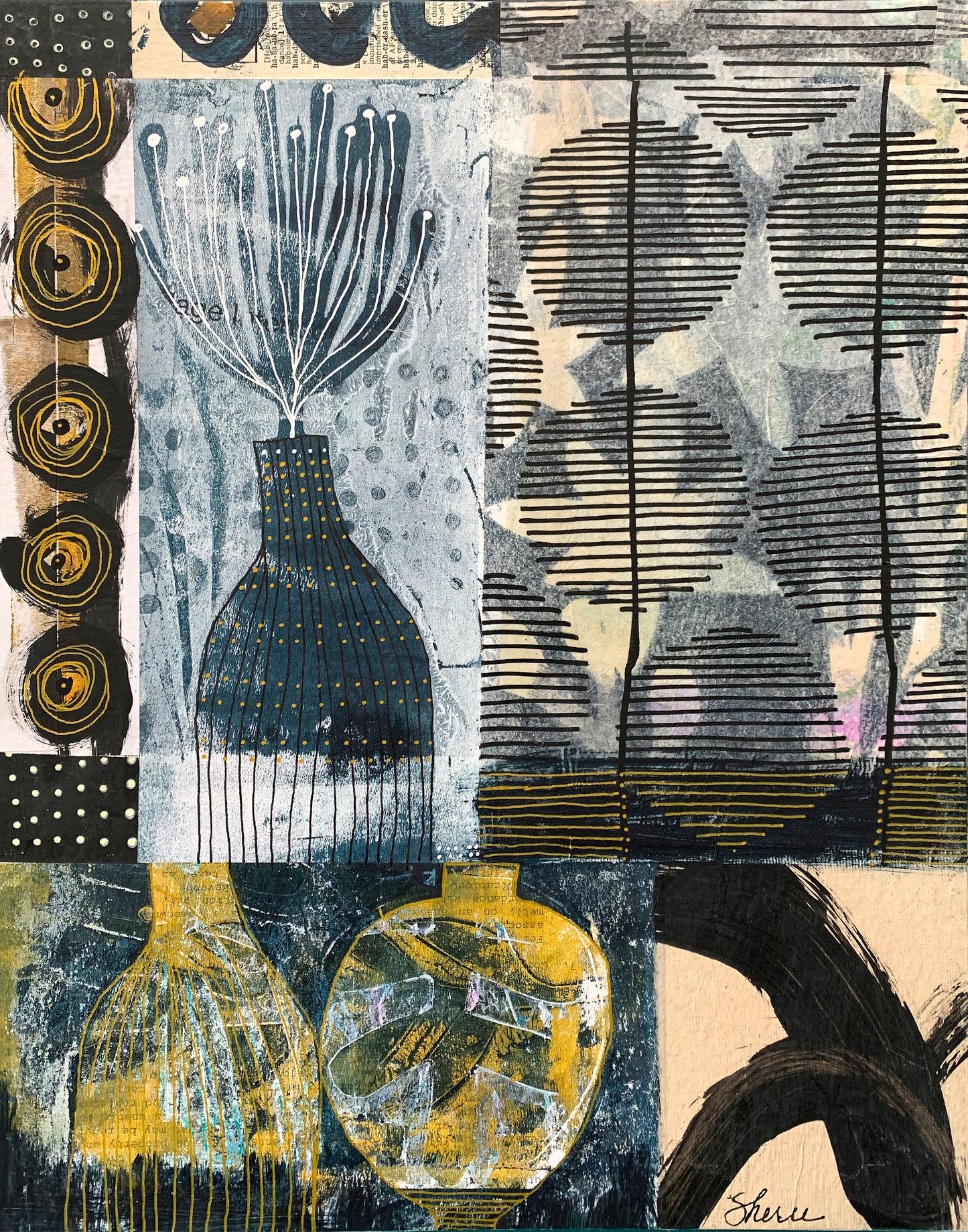 Abstract mixed-media collage artwork featuring stylized vases, geometric patterns, and textured blocks in black, blue, yellow, beige, and gray.