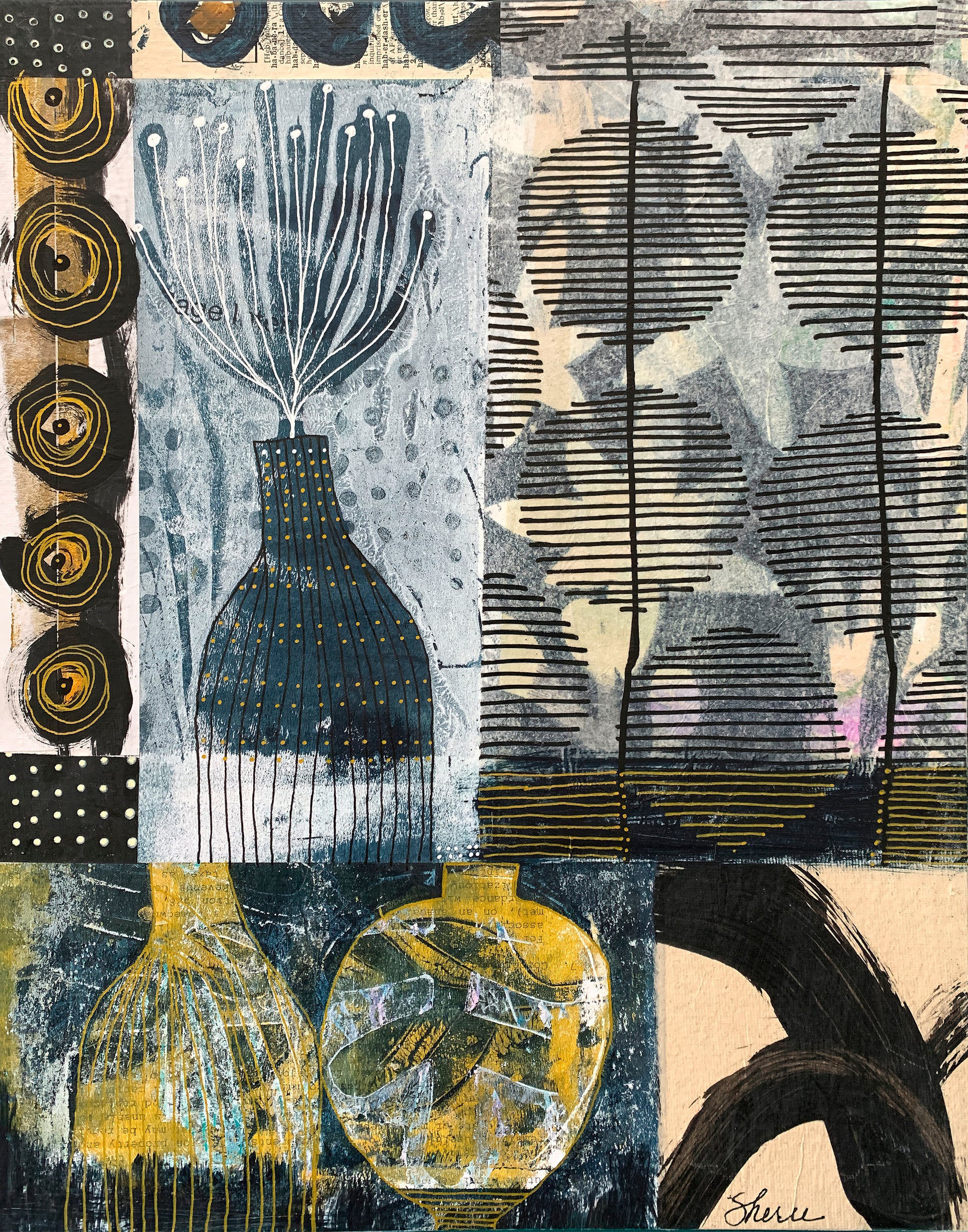 Abstract mixed-media collage artwork featuring stylized vases, geometric patterns, and textured blocks in black, blue, yellow, beige, and gray.