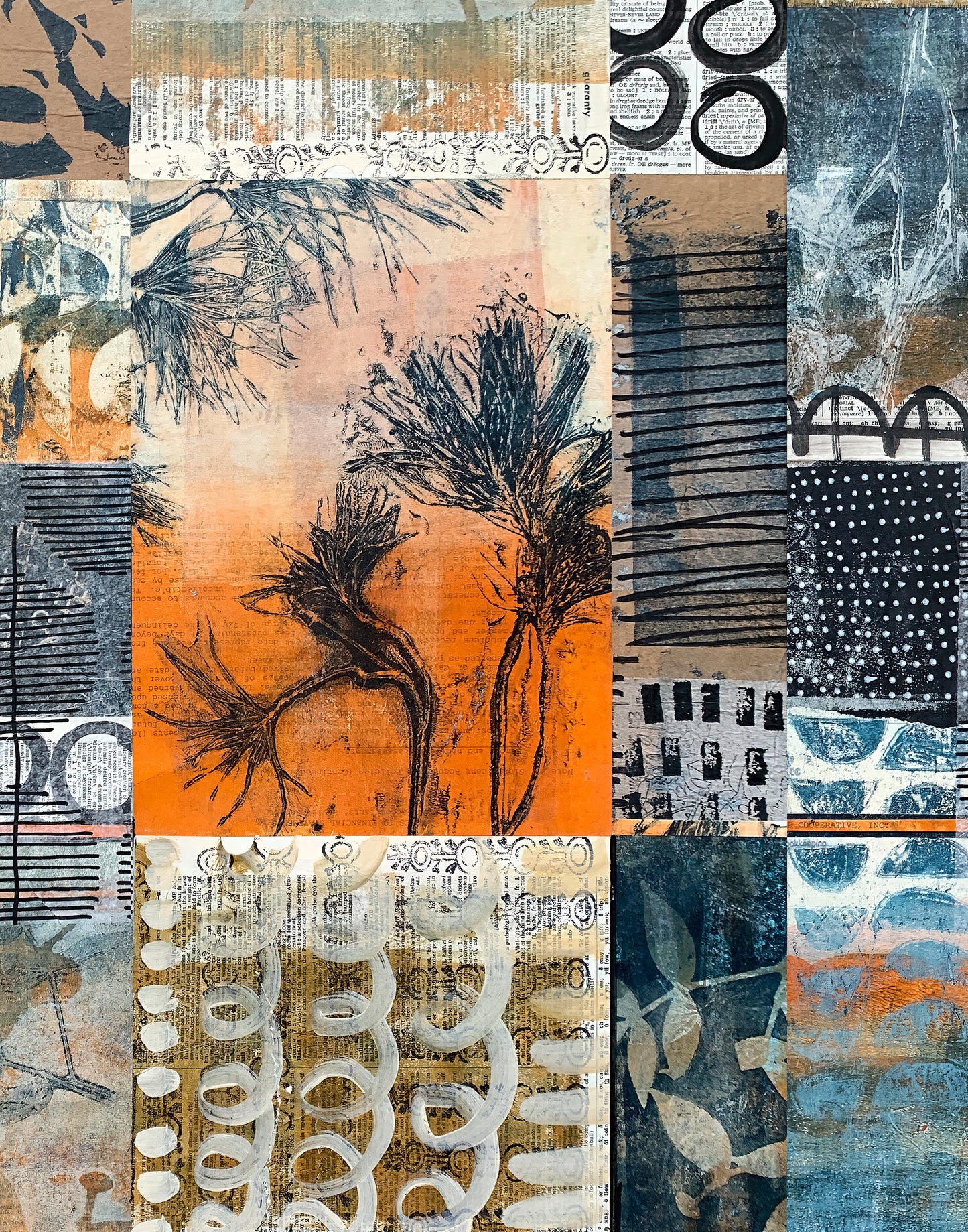 Abstract mixed-media collage artwork featuring textured panels with botanical line drawings, geometric patterns, and mixed media textures in orange, beige, blue, black, and white.