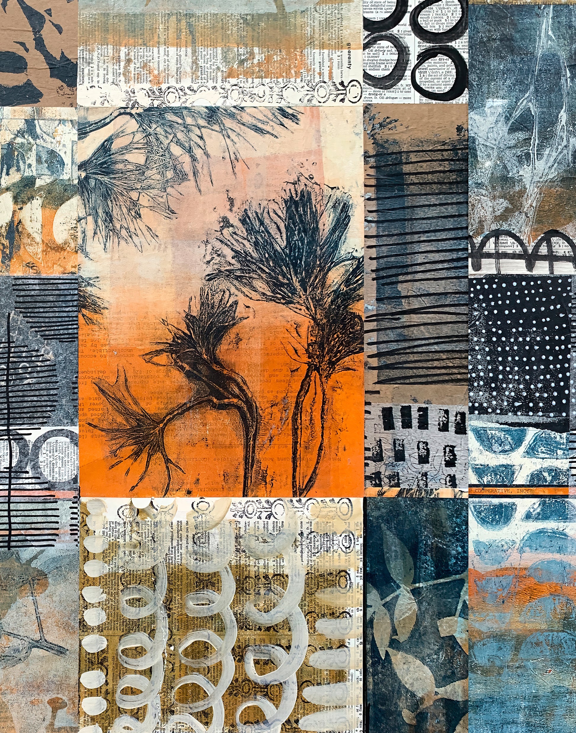 Abstract mixed-media collage artwork featuring textured panels with botanical line drawings, geometric patterns, and mixed media textures in orange, beige, blue, black, and white.