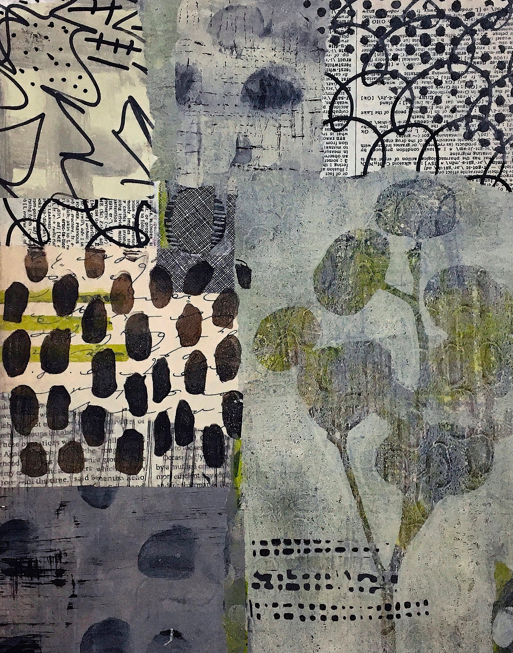 Abstract mixed-media painting with layered textures, black ink-like scribbles and dots, gray and off-white fields, and muted olive-green leafy forms.