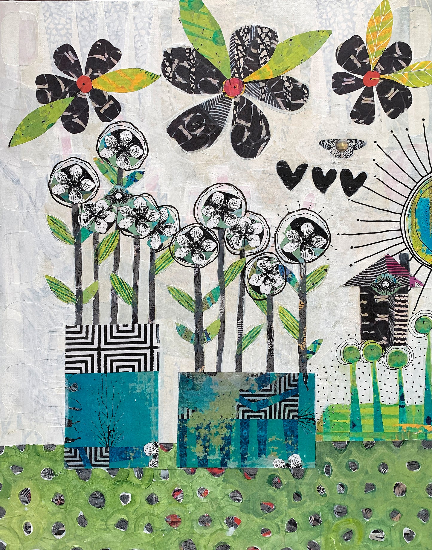 A colorful mixed-media collage artwork depicting stylized flowers, a house, hearts, and a sun on a textured off-white and green background.