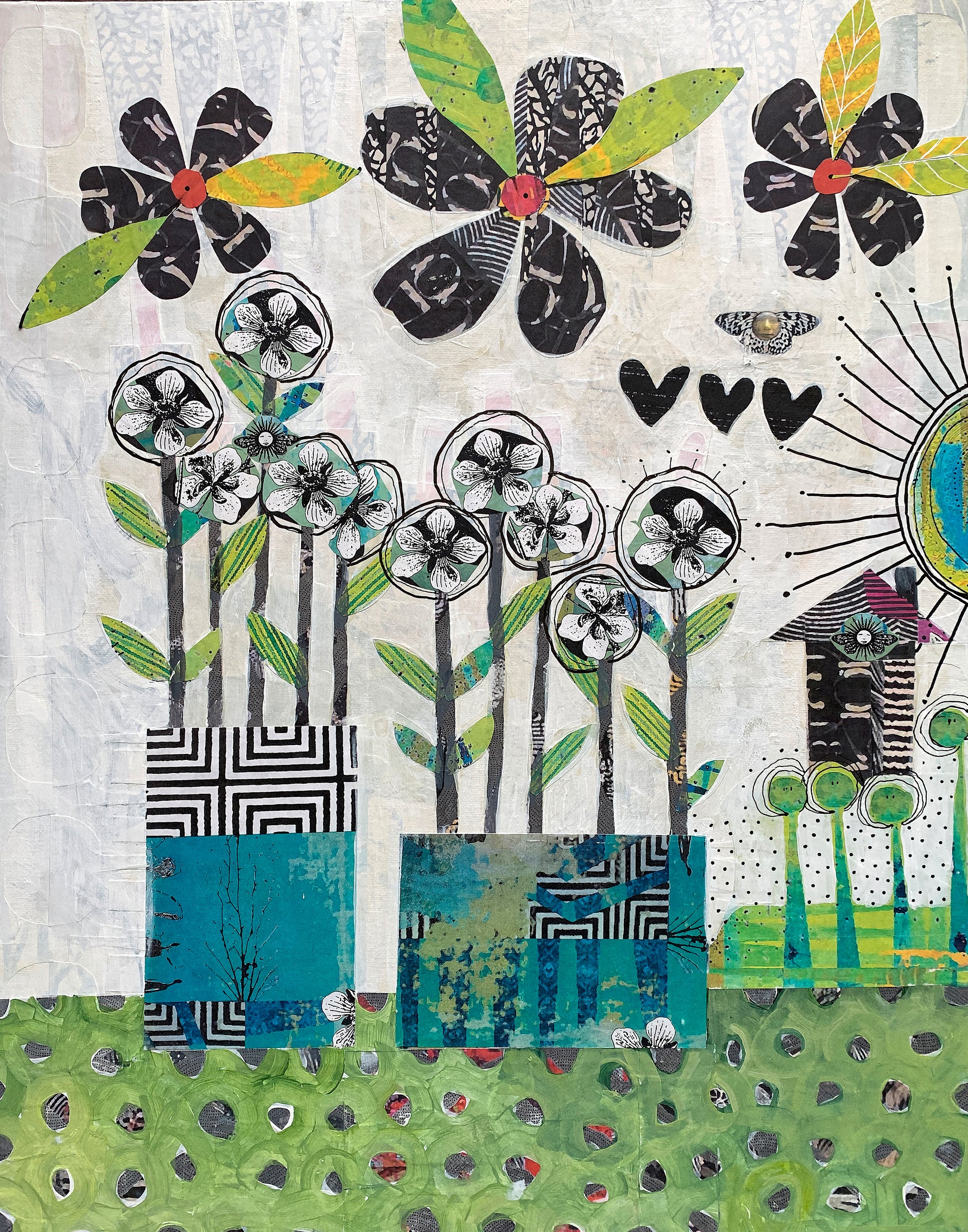 A colorful mixed-media collage artwork depicting stylized flowers, a house, hearts, and a sun on a textured off-white and green background.