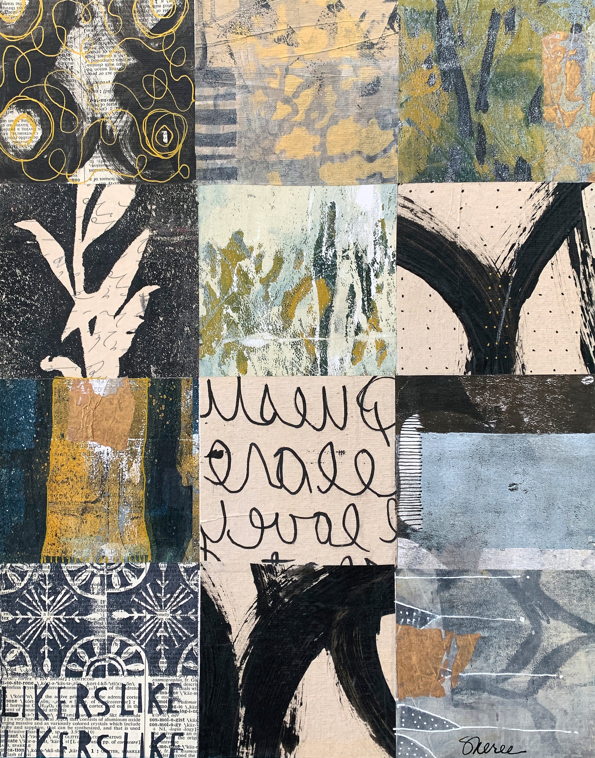 An abstract mixed-media collage artwork featuring a grid of panels with black, gray, beige, and muted yellow textures, brushstrokes, handwritten script, and collage elements.