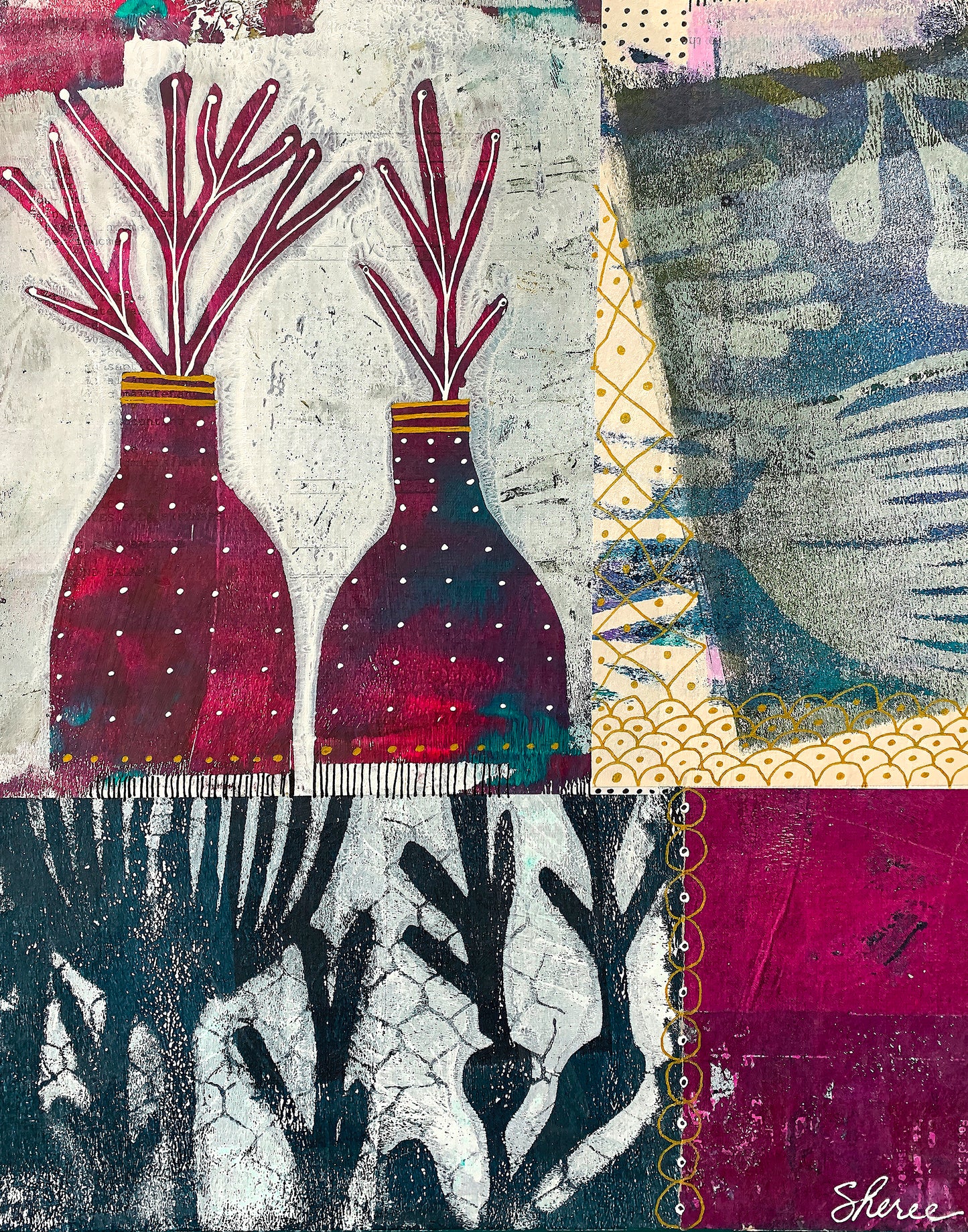 A mixed-media collage art print featuring two stylized magenta-red bottle-like forms with branching stems on a textured off-white background, alongside abstract panels in blue, black, gold, and magenta. Signed 'Sheree' in the lower right corner.