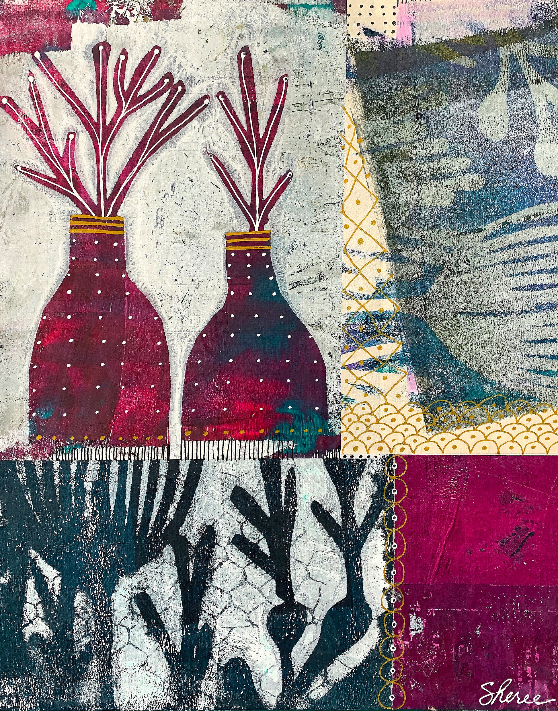 A mixed-media collage art print featuring two stylized magenta-red bottle-like forms with branching stems on a textured off-white background, alongside abstract panels in blue, black, gold, and magenta. Signed 'Sheree' in the lower right corner.