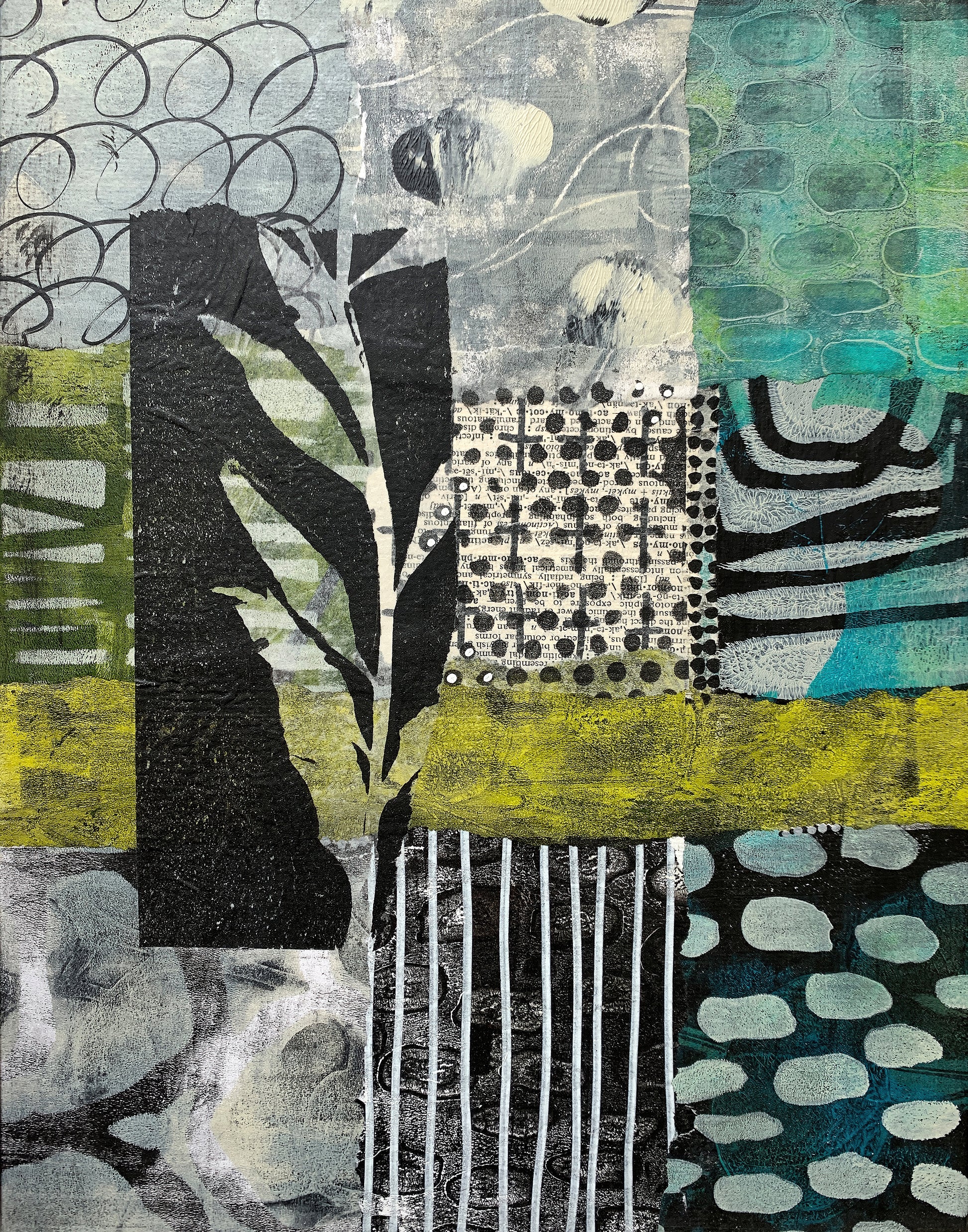 Abstract mixed-media collage artwork featuring textured panels of black, white, gray, teal, turquoise, olive green, and yellow with organic patterns, brushstrokes, and graphic elements.