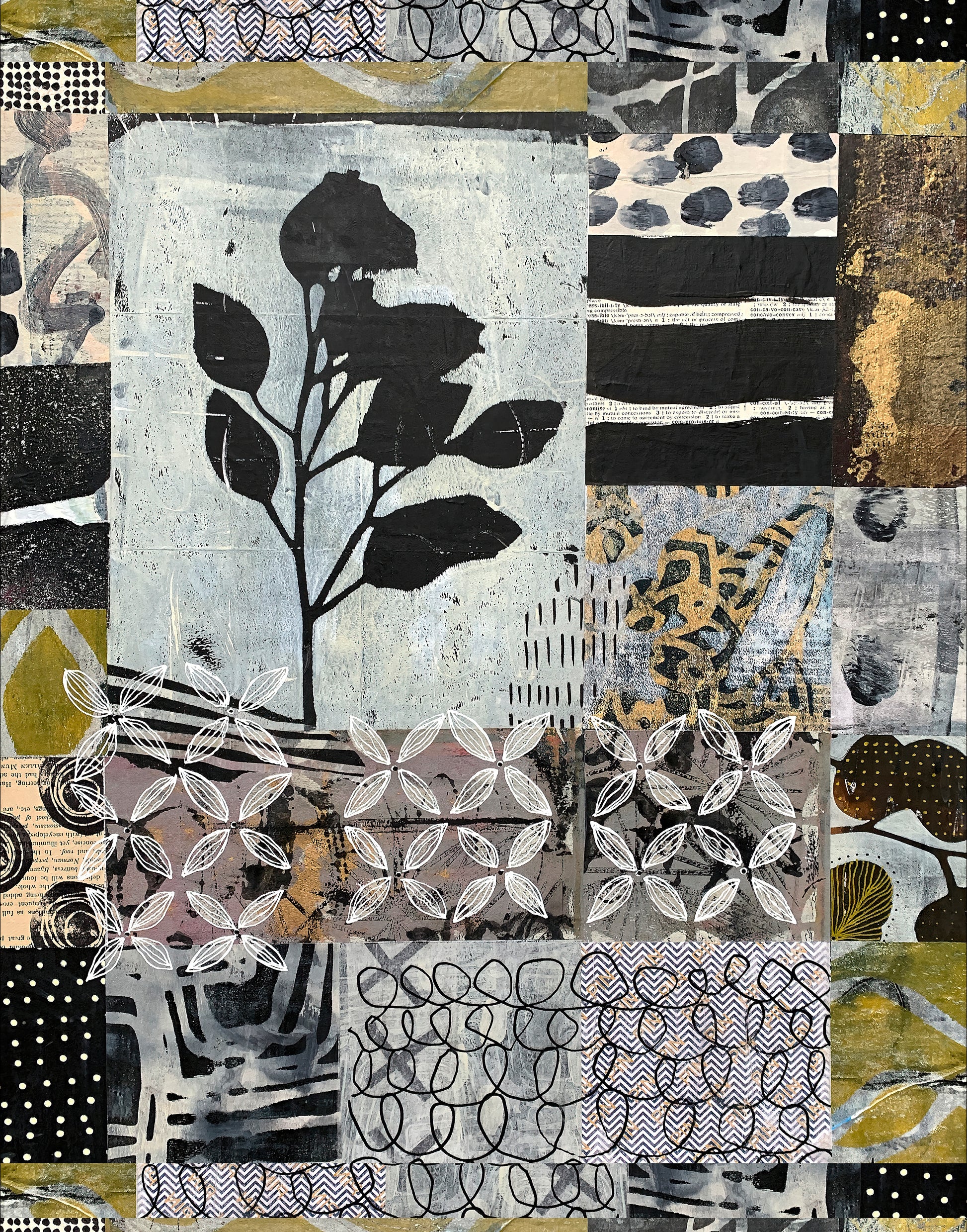 A mixed-media collage art print featuring a central black rose illustration on a textured light blue background, surrounded by various patterned panels in black, white, gray, beige, and olive green.