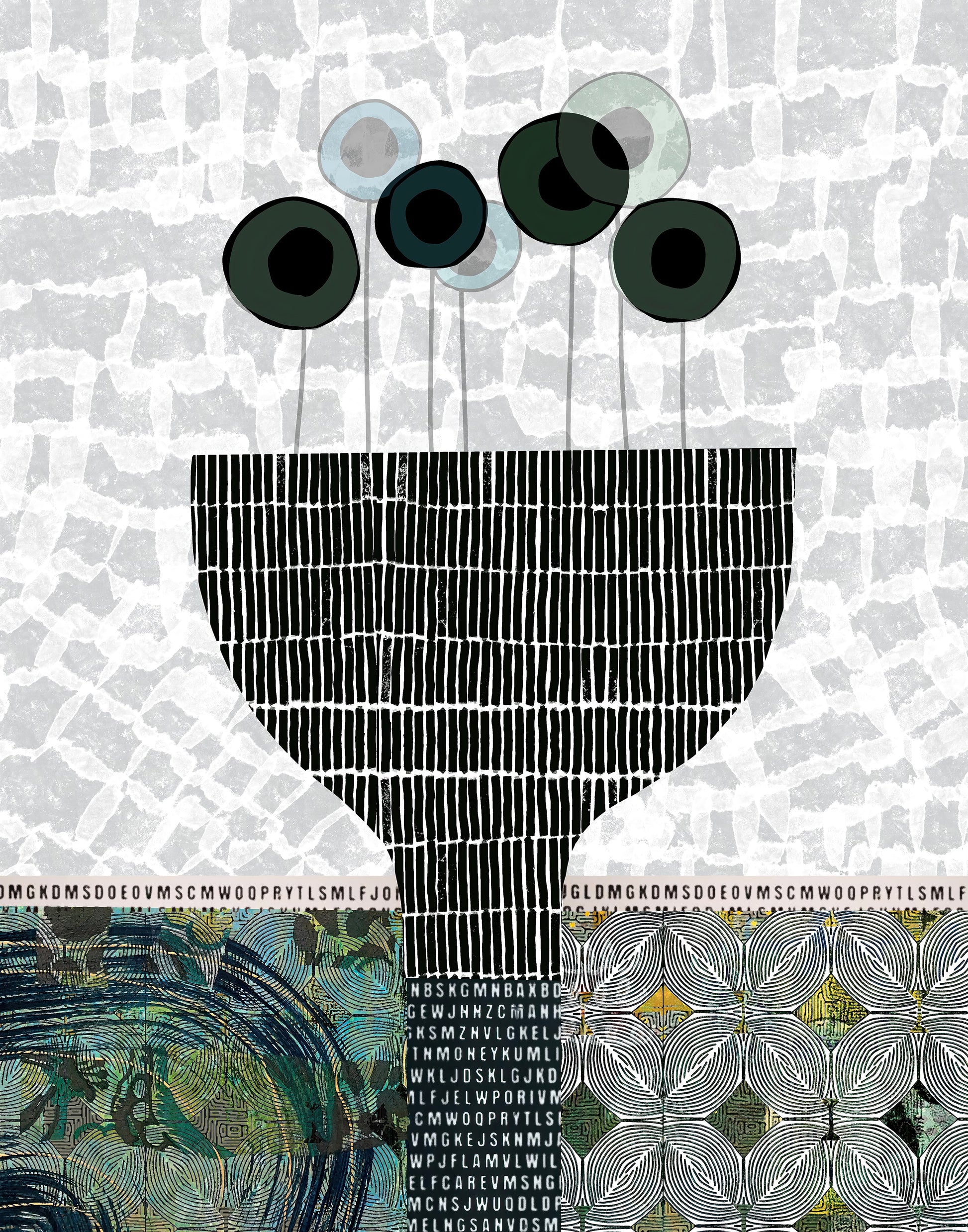 Abstract art print featuring a black and white striped bowl-like shape with five dark green circular forms above it, set against a light gray textured background with decorative patterned bands at the bottom.