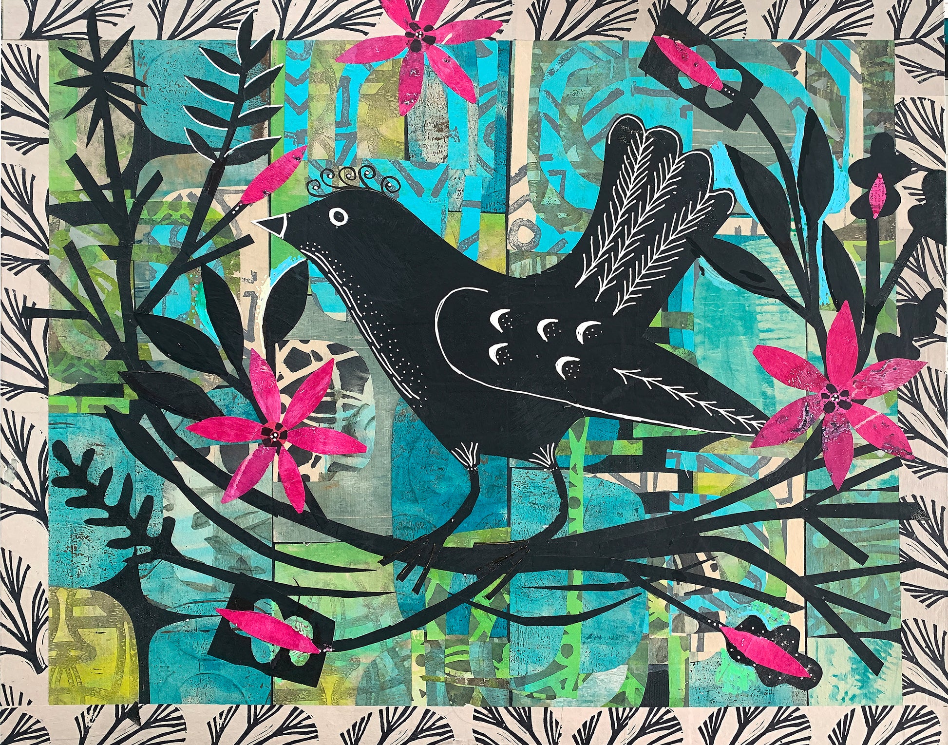 A stylized mixed-media art print featuring a black bird perched on branches with bright pink flowers against a turquoise and green collage background.